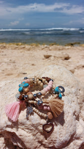 Armbandset "Layla" Palme Herzanhänger Tassel Rosa Beige Beach Vibes Bracelets Palm Heart Tassel