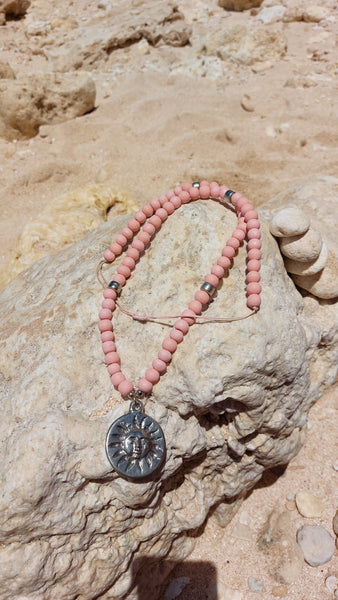 Boho Kette Sonnen-Anhänger Rosa Silberfarben