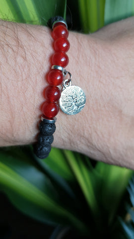 Armband Mala-Armband Roter Achat Edelstein Lavastein Lebensbaum Anhänger Unisex Mala Bracelet Red Agate Gems Lava Stones Tree Of Life Pendant