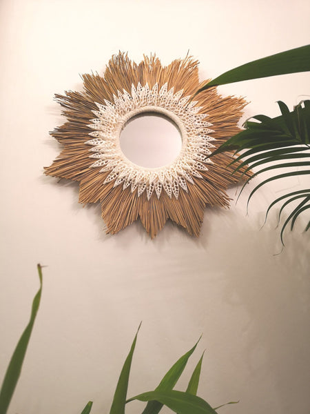 Boho Wandspiegel, Boho Mirrow "Alia" Muscheln Alang Alang Gras