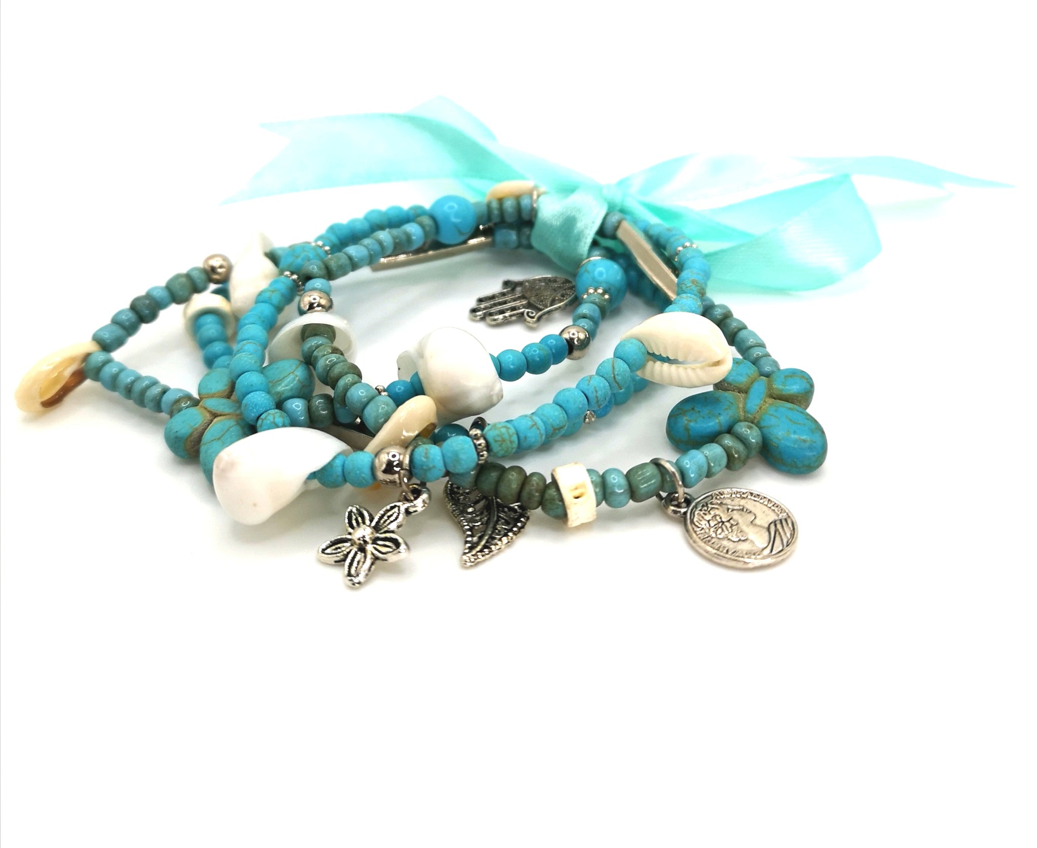 Armbandset "Ocean2" Muscheln Hamsa-Hand Blume Schmetterling Blatt Charms Shells Butterfly Leaf Charms